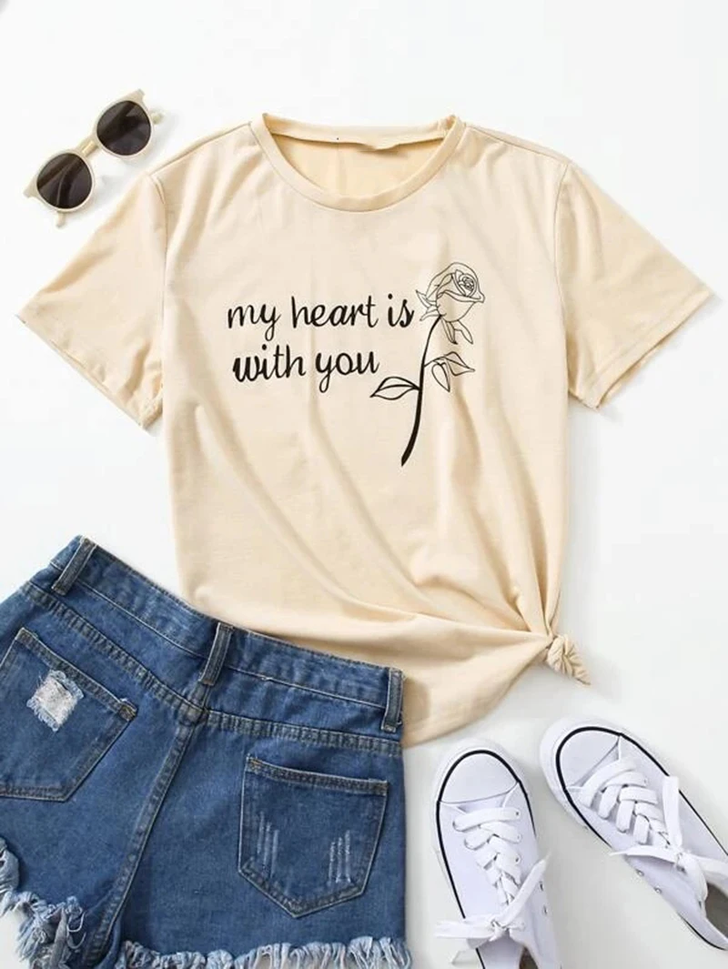 Мое сердце с вами роза рисунок футболка хаки Повседневная Забавный Kawaii эстетику