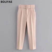 boliyae 2021 women pant traf casual high waist chic office ladies female elegant straight suit pants trousers belt side pockets