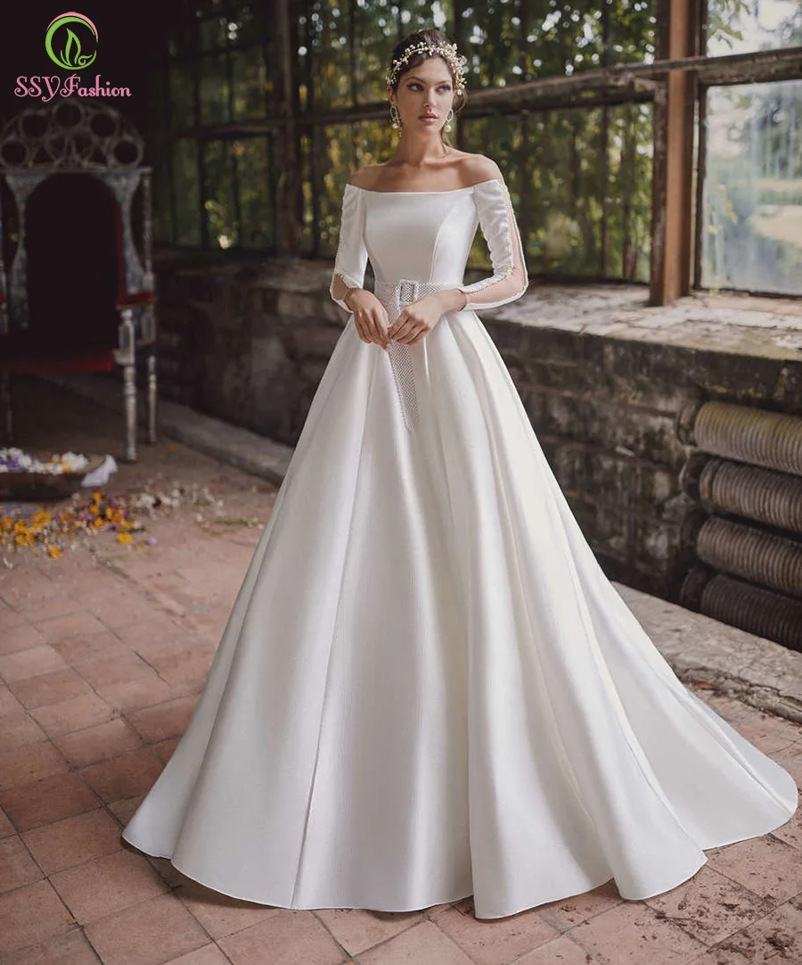 

SSYFashion New White Satin Wedding Dresses Bride Elegant Long Sleeve Pearls Belt A-line Long Wedding Gowns Vestidos De Novia