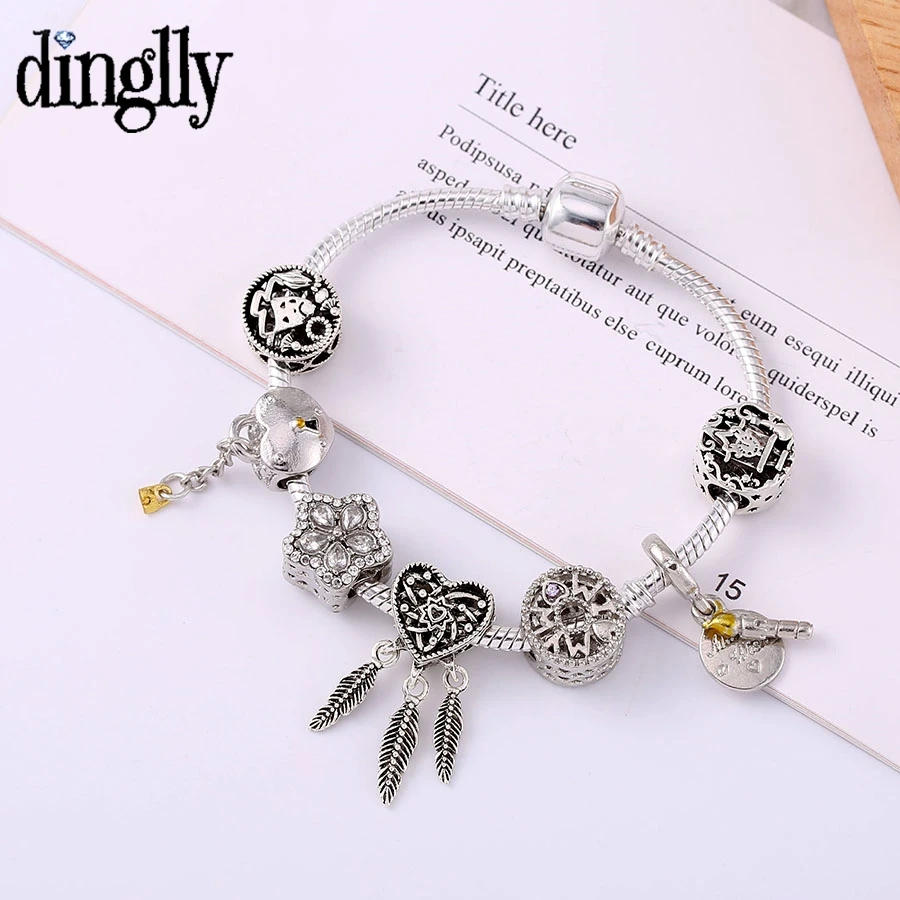 

Dinglly Heart Key Dreamcatcher Pendant Silver Color Charm Bracelets For Women Original Crystal Flowers MOM Beaded Bracelet Gifts