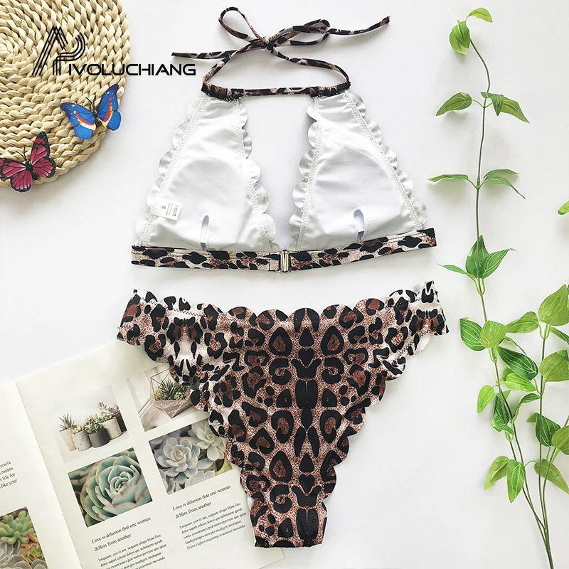 

2020 New Swimwear Leopard Print Halter Swimming Suit Female High Waist Hollow Out Bikini Set Two Piece Bather Brazilian Biquini