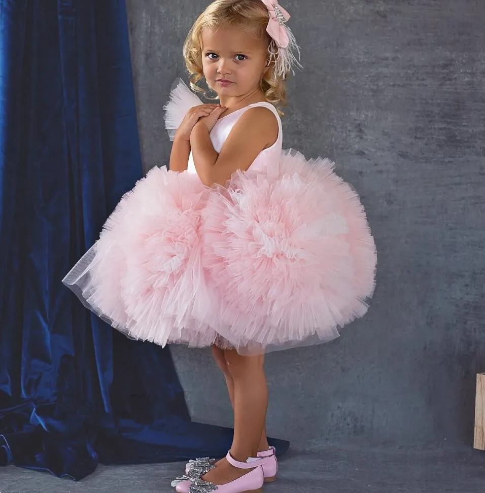 

Lovely Blush pink Puffy tulle Ruffles girl dresses for birthday party baby 1st birthday gown with headpiece