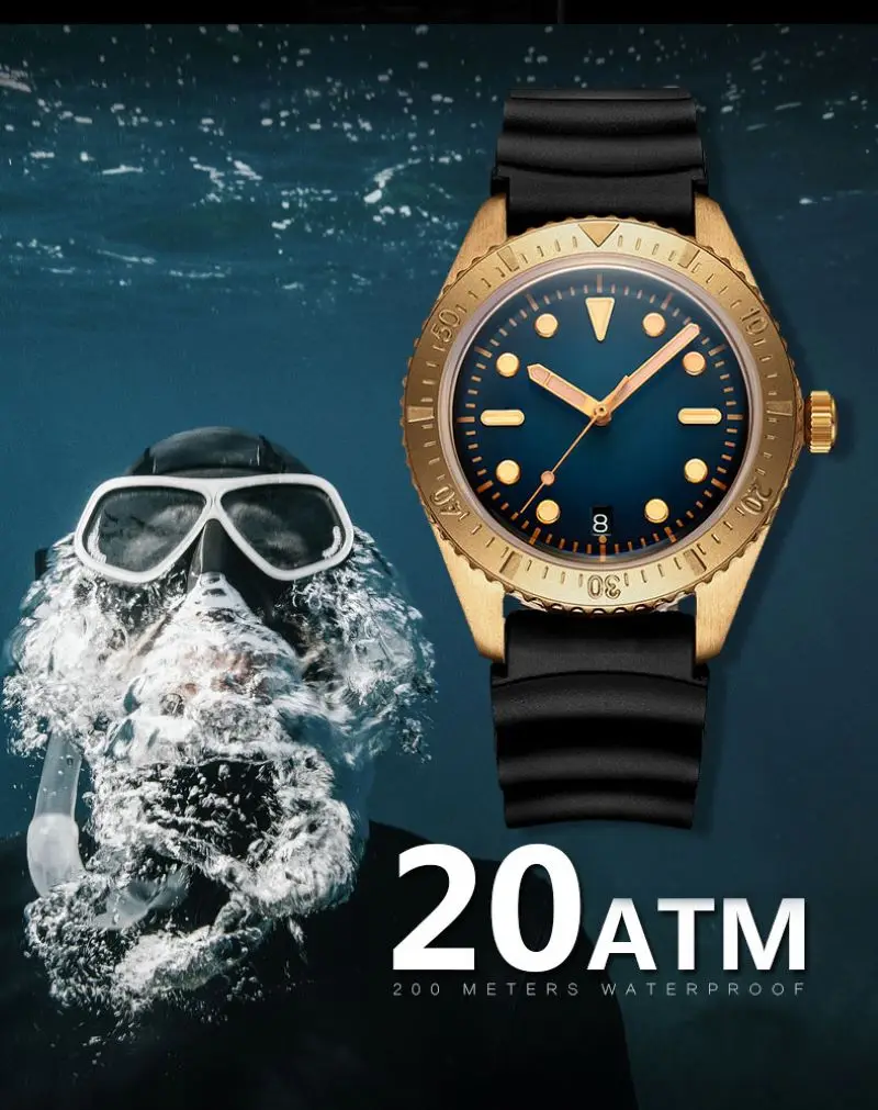 Reloj mecánico automático de alta gama para hombre, superluminoso, bronce, 200m, medidor de buceo