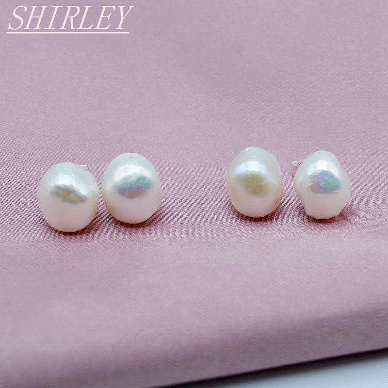 

White baroque stud earrings, 100% natural freshwater pearl, 925 sterling silver, irregular shape, ladies pearl stud earrings