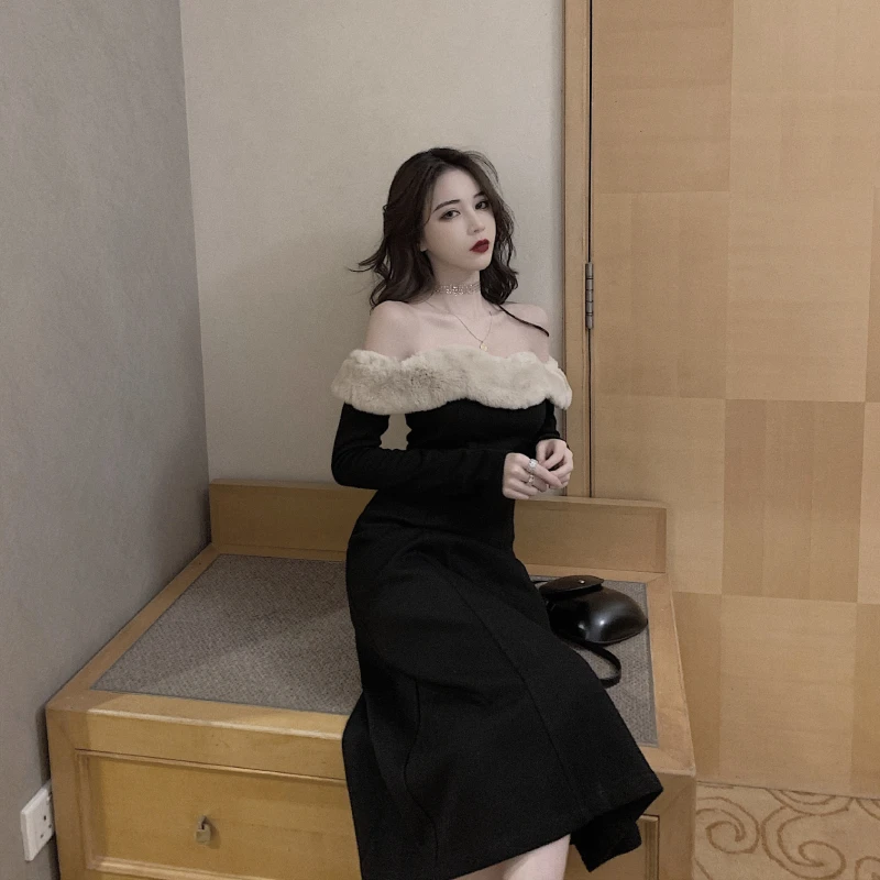 

Elegant Vintage Dress Women Long Sleeve Sexy Fur Collar Evening Party Black Dress Female One-piece Dress Korean 2020 Autumn Chic