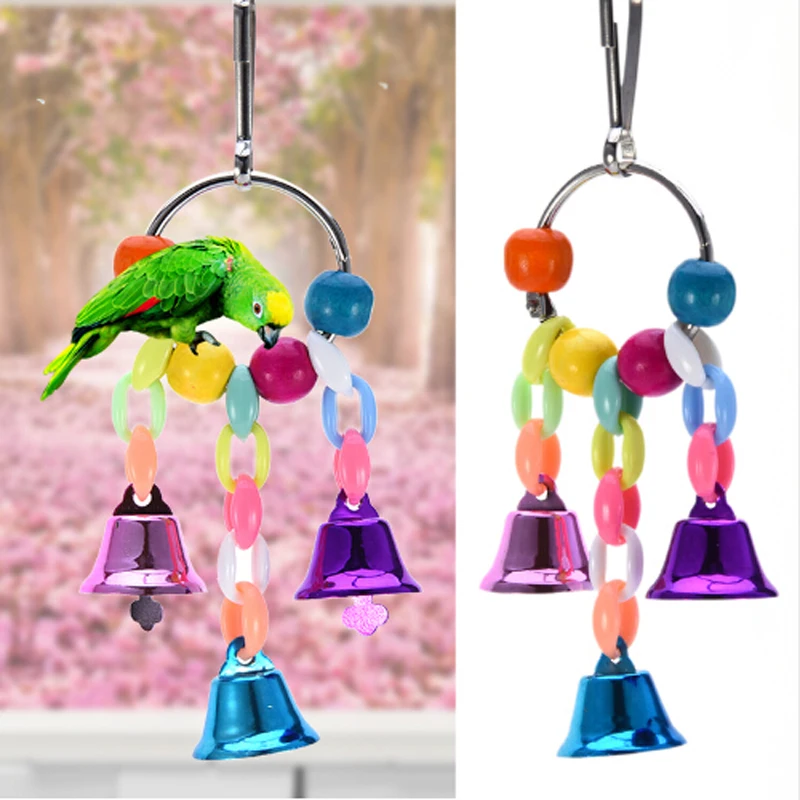 Parrot Toys Bird Hanging Toy With Colorful Beads Bell Chain Pet Bird Parrot Chew Bite Toy Bird Cage Accessories Bird Hanging Toy