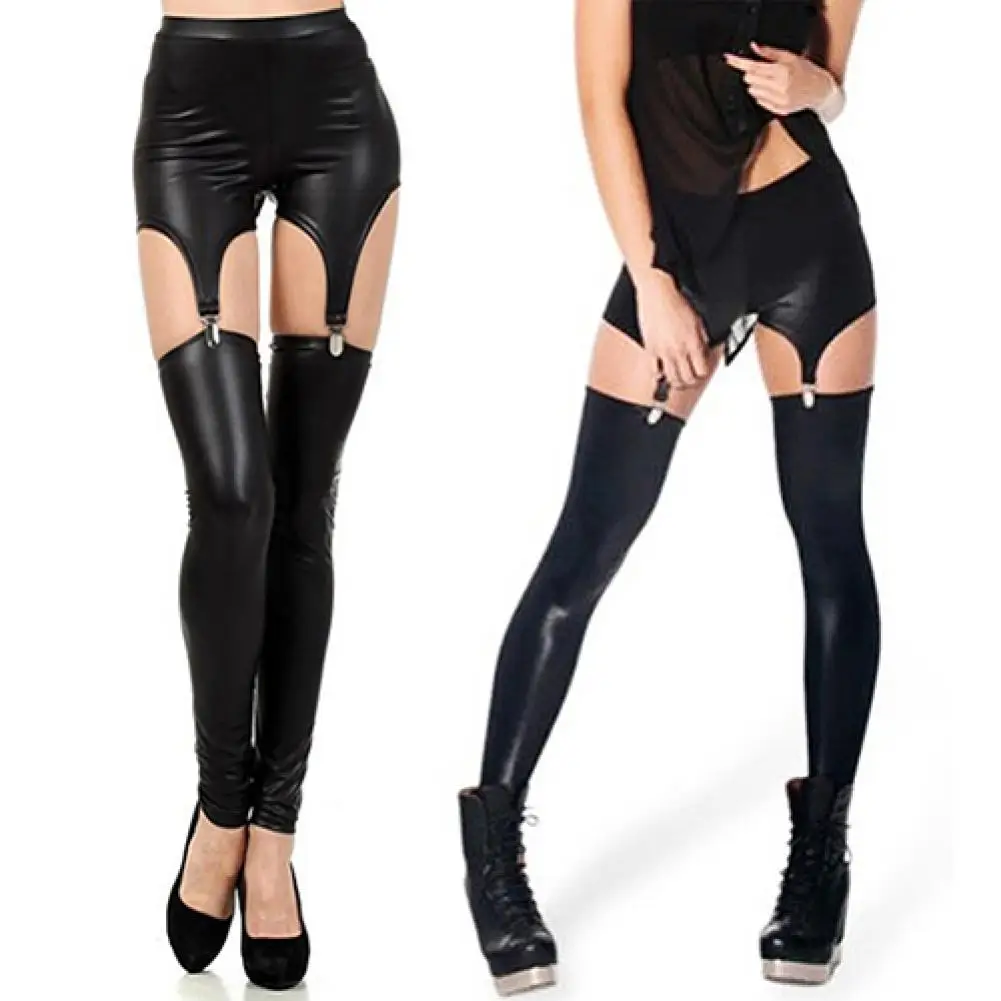 

Fashion Women Faux Leather Tight Suspender Leggings Buckle Waist Garter Pants
