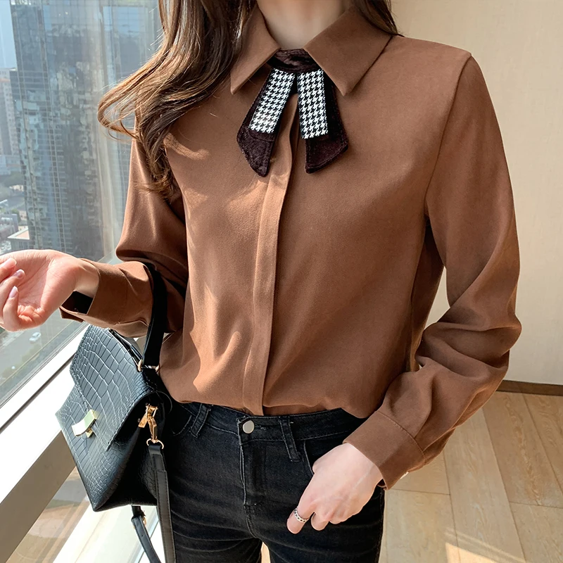 

Autumn New Women's Blouses Polo Shirt Long Sleeve Top Stitching Blouse Solid Color Sanding Cardigan Casual Fashion Lady Loose