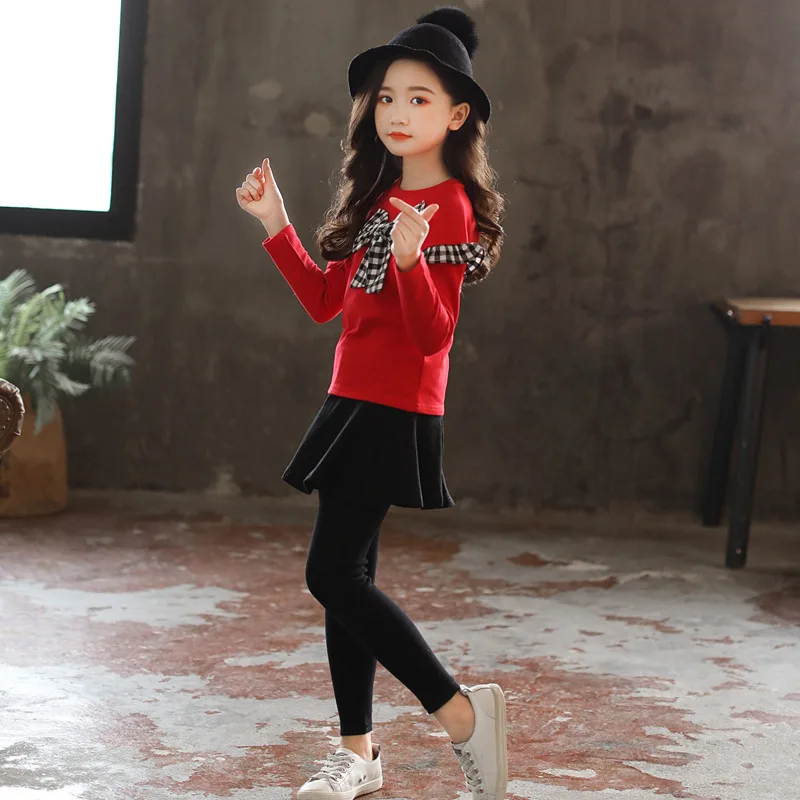 2022 spring Girls Clothes Bow long sleeve t Shirt + Legging skirt 2 Pcs Suit Winter Kids Teenager 4 5 6 7 8 9 10 11 12 Years