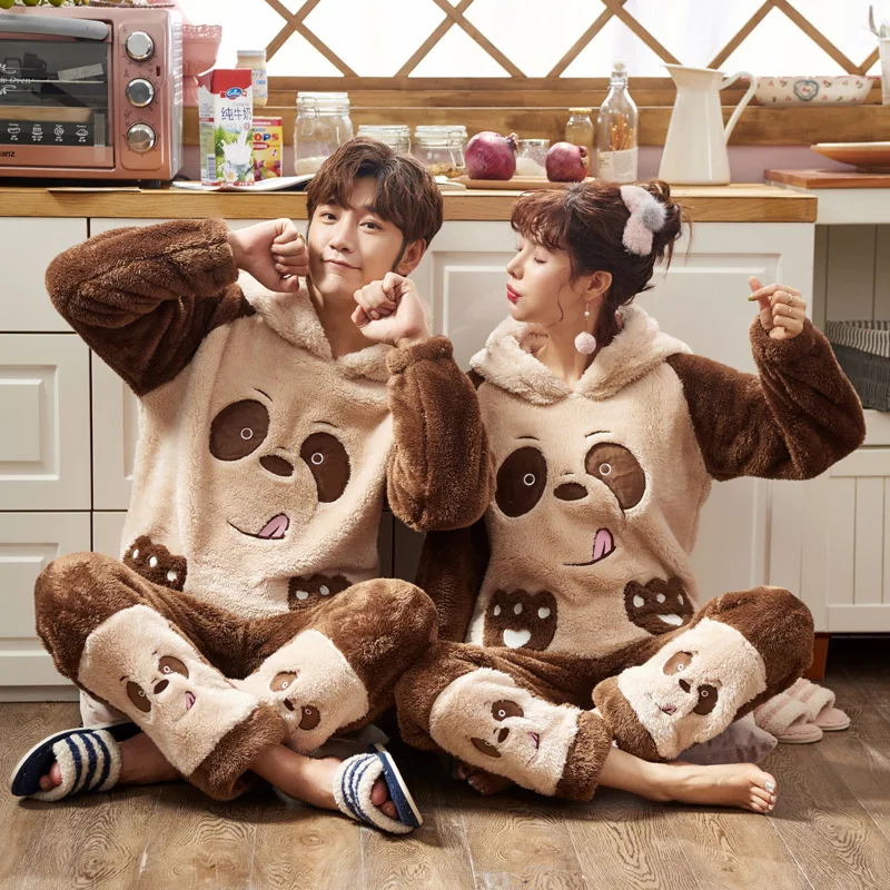 

New Winter Couple Pajamas Warm Thicken Sleepwear Cute Cartoon Male Home Clothes 2 Pieces Hooded Pajamas Set