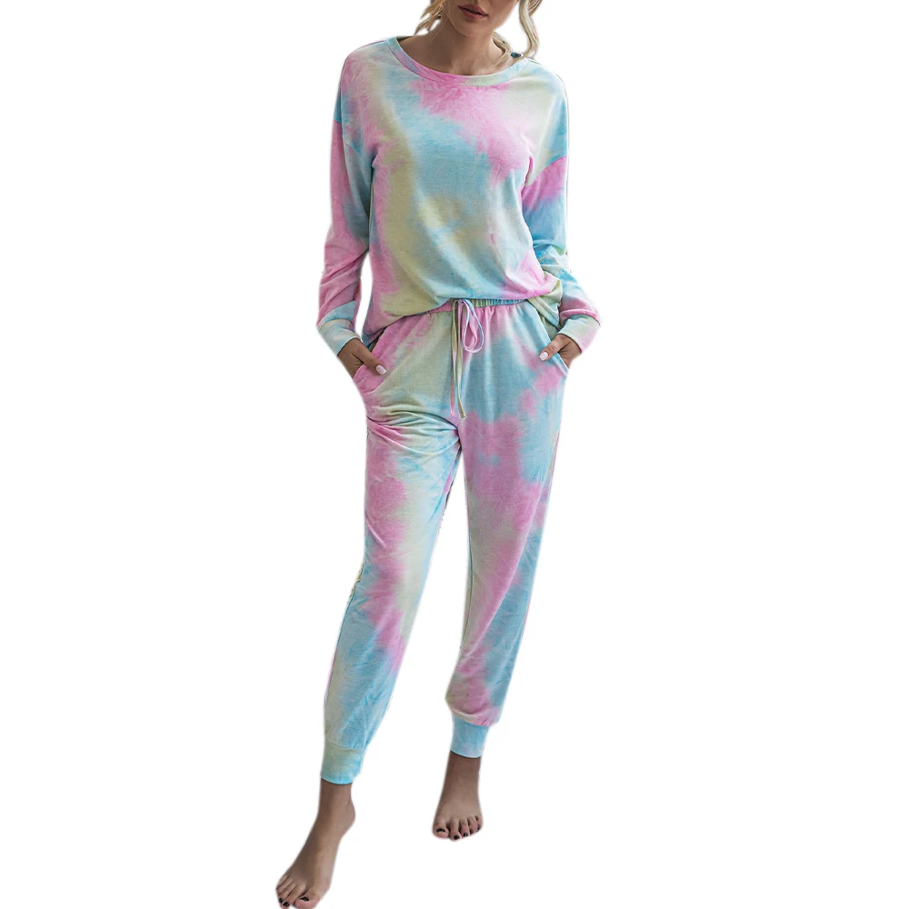 

Tie Dyeing Print Women Homewear Suits Two Picec Pajama Sets Long Sleeve O-Neck Tops Bandage Full Pant Soft Sleeping Suits Sets