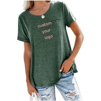women custom logo t shirts tops round neck pockets solid color loose short sleeved t shirts