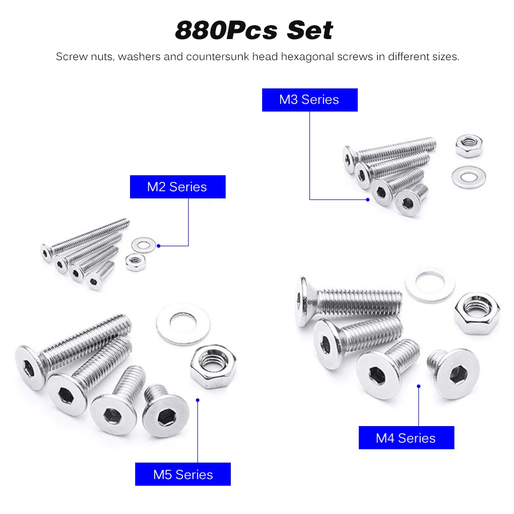 880 шт. 304 нержавеющая сталь потайная головка шестигранный комбинированный болт M2