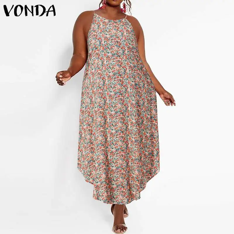 

Женское богемное пляжное платье VONDA большого размера d, Летнее Длинное Платье с лямкой на шее, сексуальное асимметричное платье без рукавов ...
