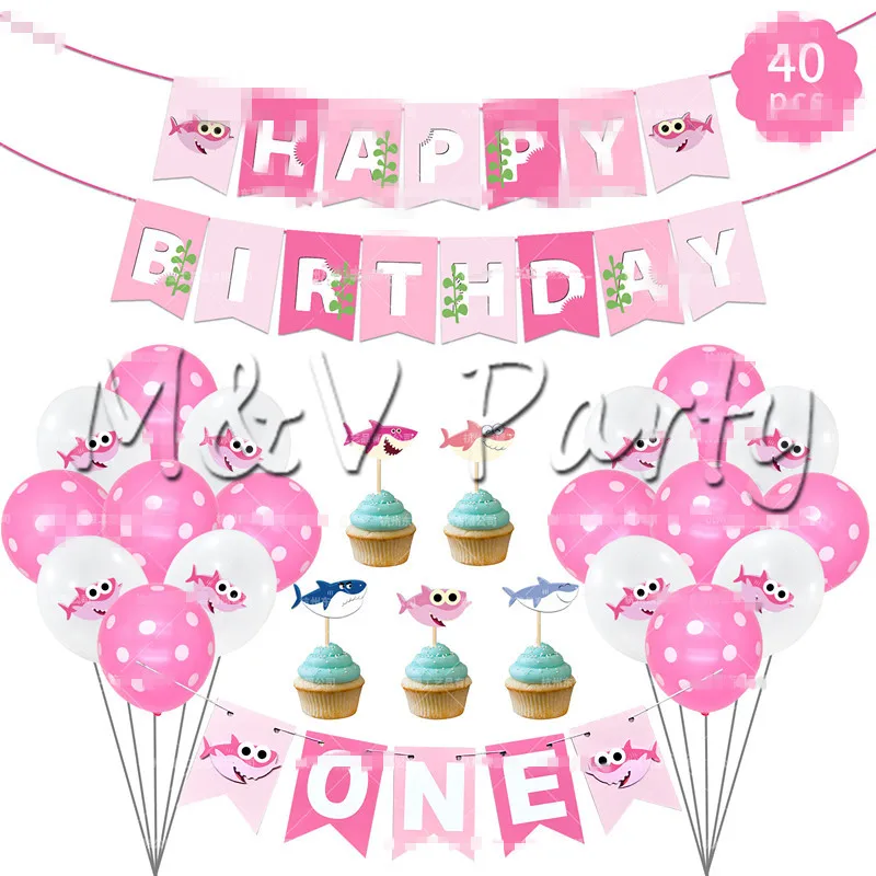 58 шт./лот Розовый Акула тема вечерние воздушные Шары Баннер торт комплект