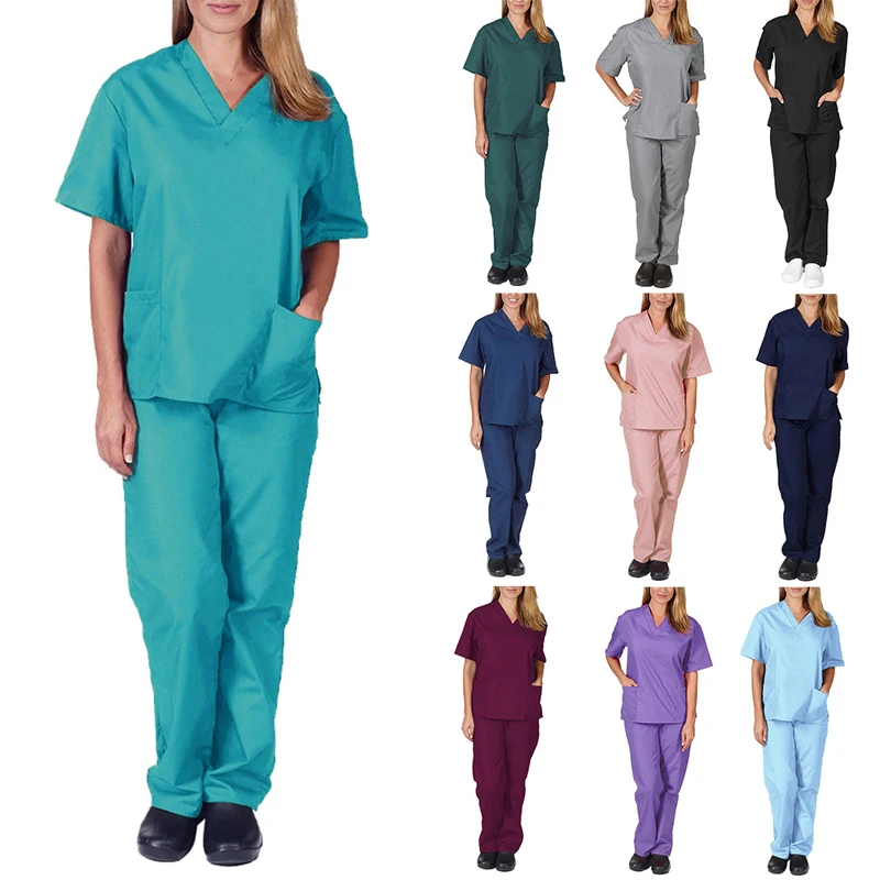 

Unisex Plug Size S-2XL Surgical Uniforms Short Sleeve Scrubs Women V Neck Pharmacy Sets Dentist Hospital Doctor Nurse Workwear