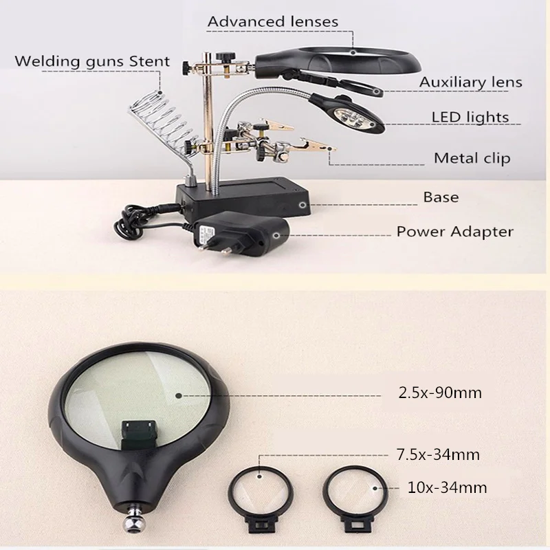 Сварочное увеличительное стекло 5 светодиодных ламп 10X Вспомогательный зажим