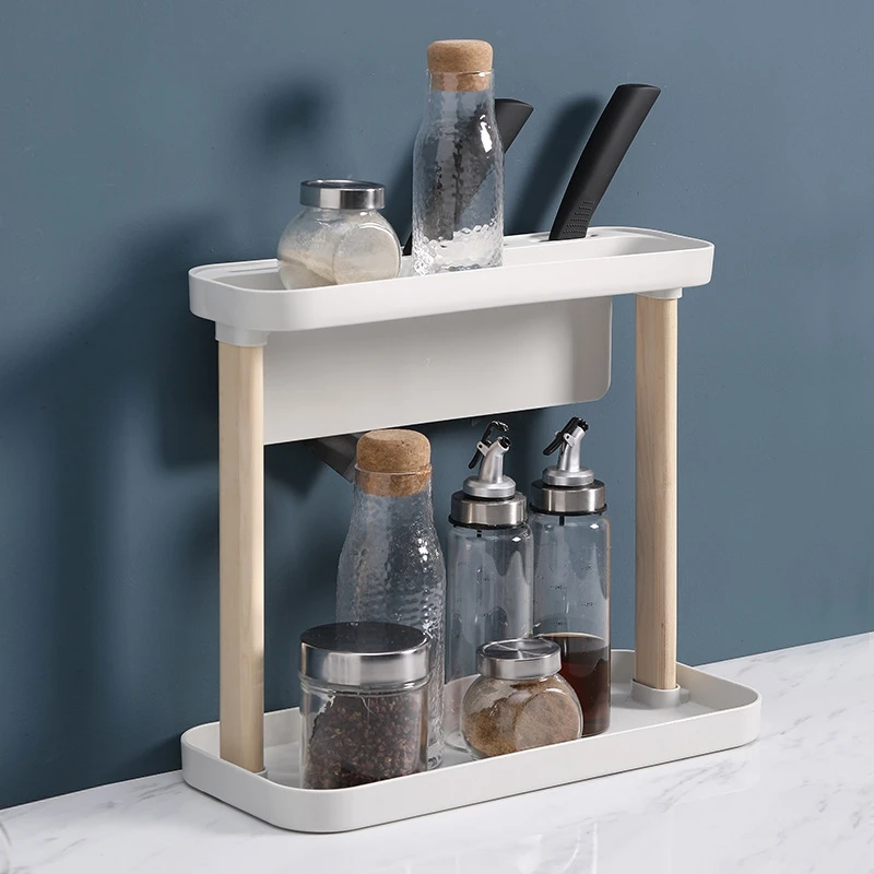 

Double-layer Countertop Shelf Floor-standing Multifunctional Knife Seasoning Bottle Storage Rack Spice Jar Organizer for Kitchen