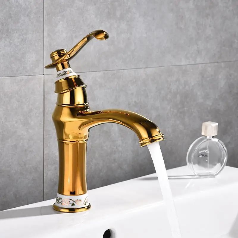 

Basin Faucets Euro Luxury Gold Jade Deck Bathroom Sink Faucet Single Handle Bath Vanity taps Mixer brass made