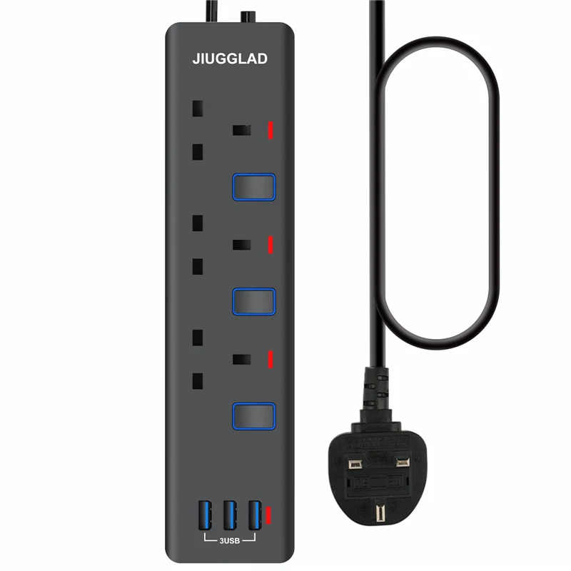 

Network Filter 2500W 13A Power Strip Independent Switch UK Plug Socket 2M Extension Cord Surge Protector 3 Outlet 3 USB Charging