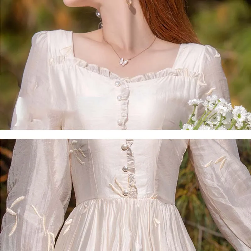 

Embroidery Square Neck Long Sleeve Dress Autumn Women Zipper Elegant Big Swing Dresses Loose Petal Sleeve Beach Party Dress 2021