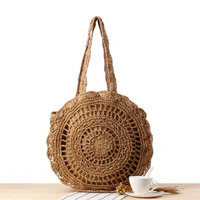 fashion simple hollow out round single shoulder straw hand crochet woven holiday zipper bag beach high capacity womens handbag