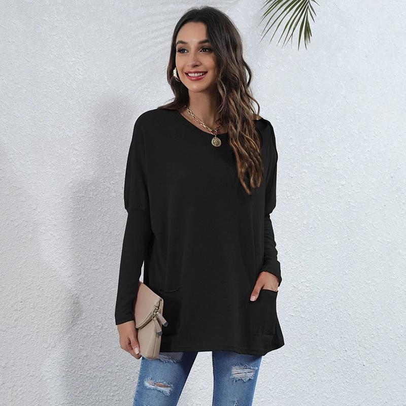 

New Women's Mid Long Solid Round Neck Knitted T-shirt