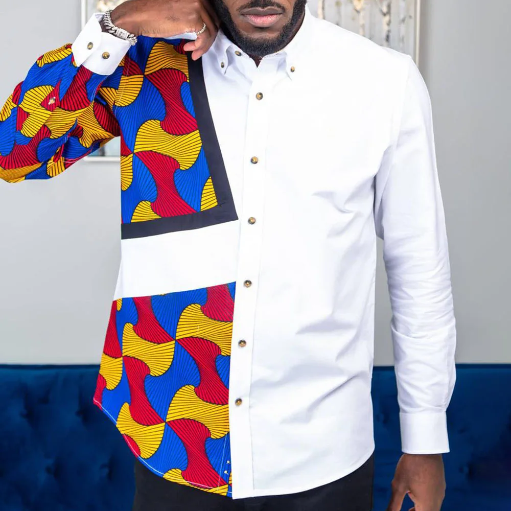 

Men's White Long Sleeve Shirt Color Matching African Ethnic Style Print Male Autumn Spring Tops For Man Casual Blouse Streetwear