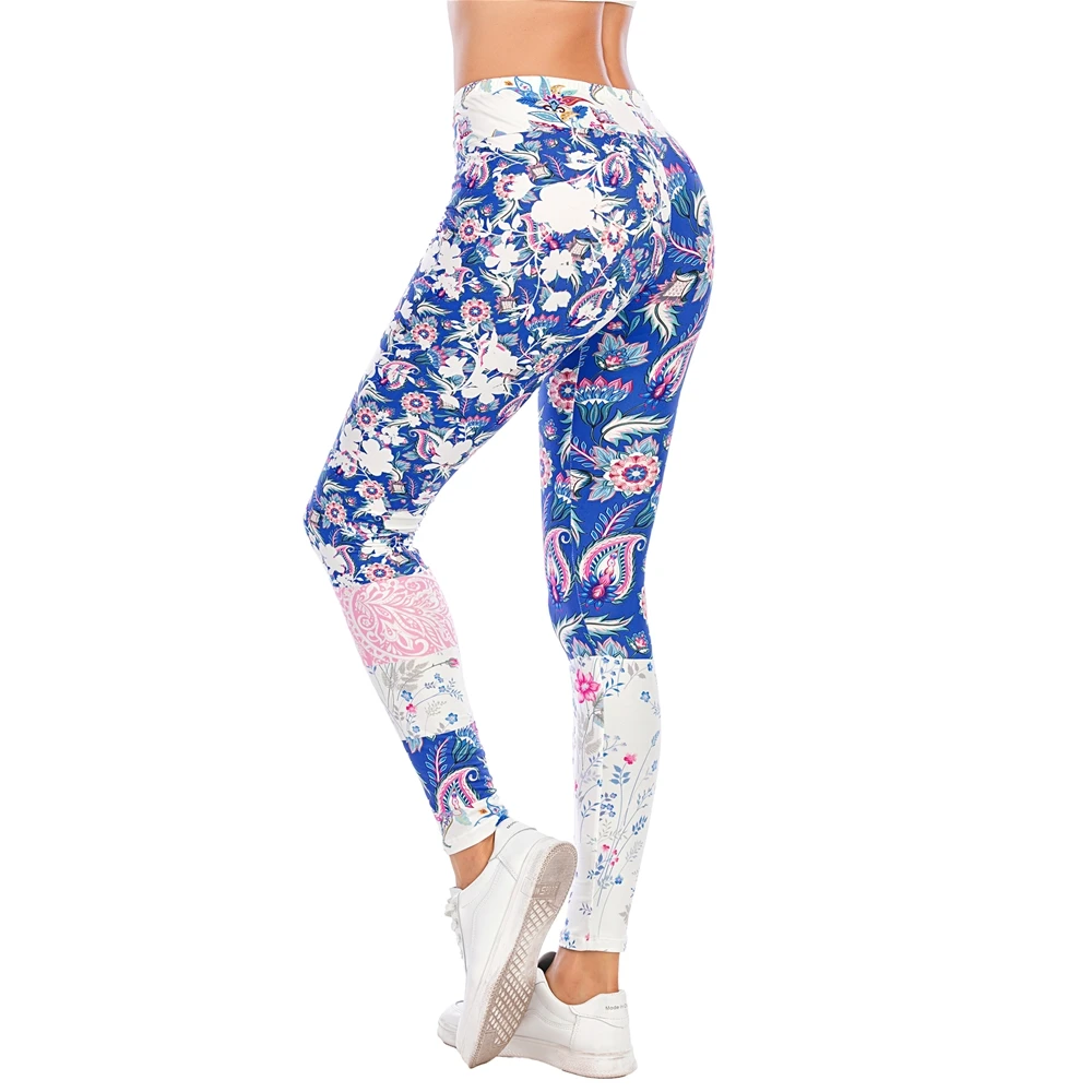 

Ladies High Waist Fitness Tights Sexy Pants Blue Floral Stitching Print Fashion Slim Fit
