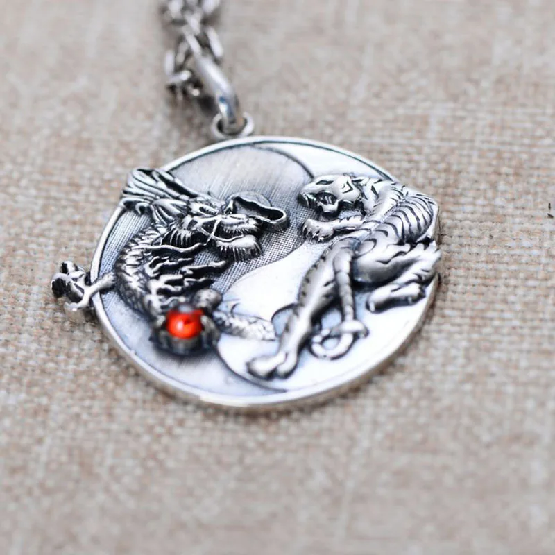 S925 Silver Handmade Dragon Tiger Pendant Necklace 925 Sterling Fengshui Taichi Yinyang Pendant Necklace Good Luck Amulet