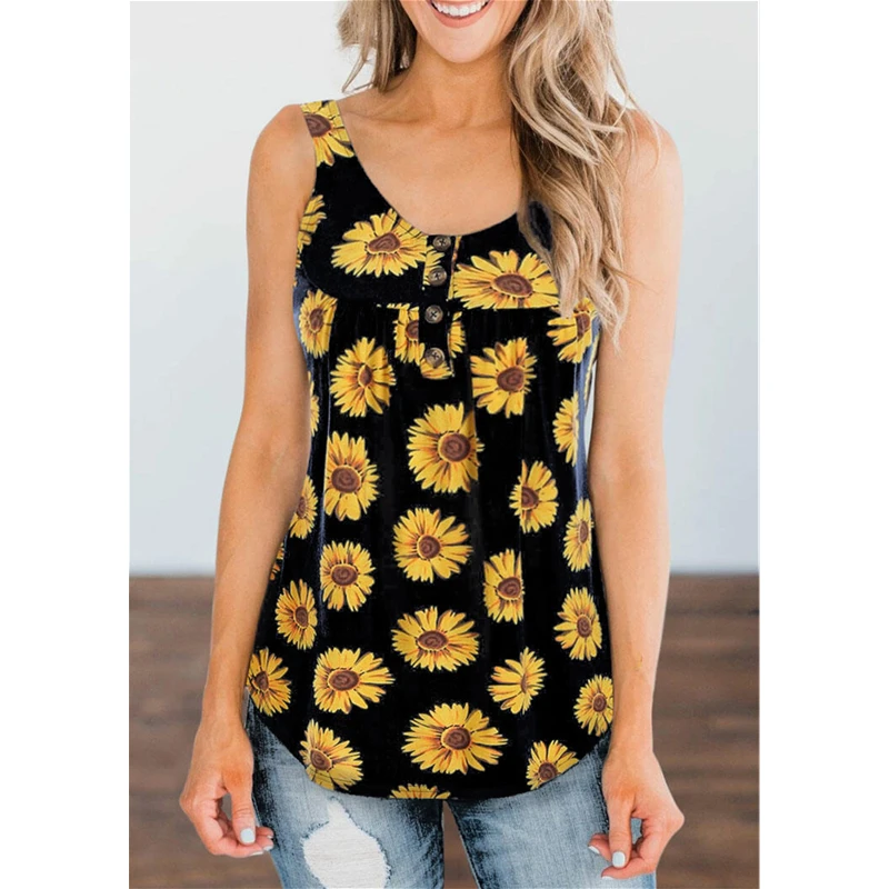 

Women's Sunflower Printed T-shirt new Sleeveless Summer V Neck Tee Shirt Tops casual loose Beach Street Fashion ladies vest