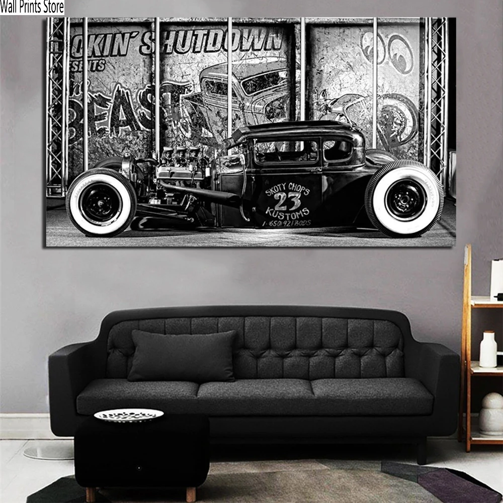

Hot Rod Car Vintage Black And White Poster Paintings On Canvas Modern Art Decorative Wall Pictures Home Decoration