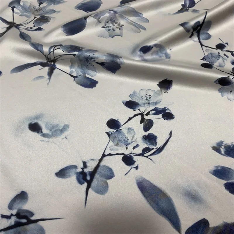 

108CM Wide 19MM Ink Blue Floral Print Stretch Silk Satin Fabric for Summer Dress Shirt Scarf G068