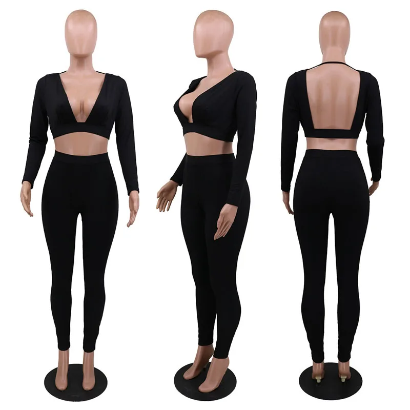 

2021 Spring Women's Tight Suit Sexy Long Sleeve Top Casual Pants Pure Color Two-piece Set for Women's Outfit
