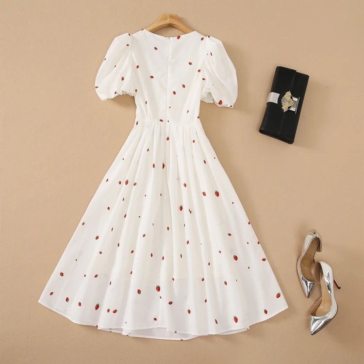 

Summer Dress 2021 High Quality Designer Fashion Women Sexy Square Collar Sweet Fruit Prints Short Sleeve Casual White Gown Dress