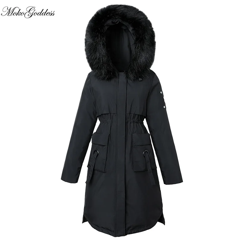 Женская куртка с капюшоном MokoGoddess теплая однотонная парка меховым воротником и