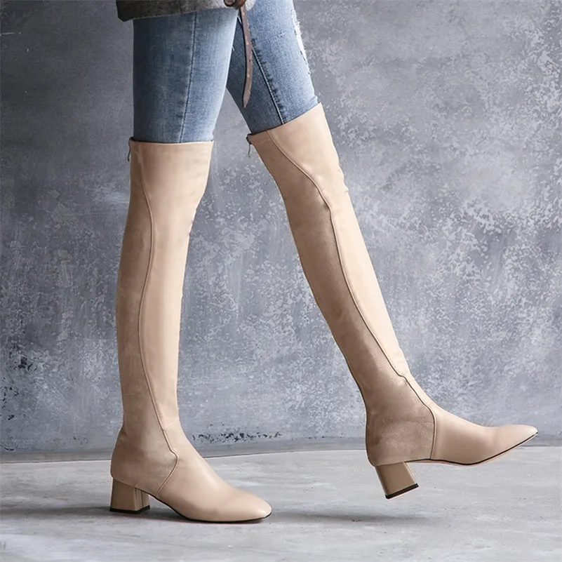 

ANNYMOLI Real Leather High Heel Long Boots Over The Knee Boots Women Shoes Zip Block Heels Boots Ladies Autumn Winter Black 40