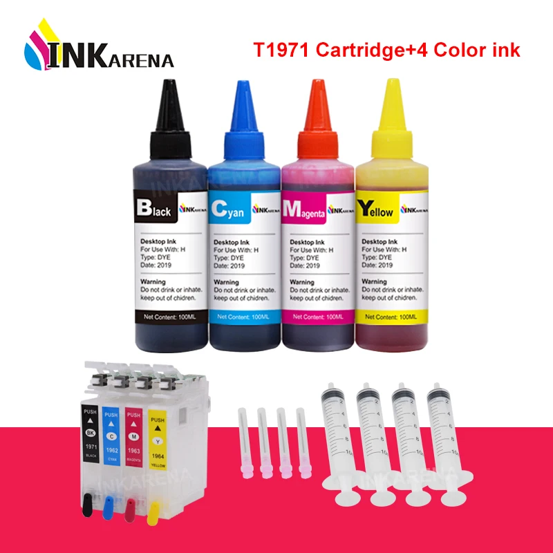 

INKARENA 4 Bottle Ink + T1971 Refill Ink Cartridge For Epson T1951 T1961 EXPRESSION XP-101 201 211 401 204 104 214 411 WF-2532