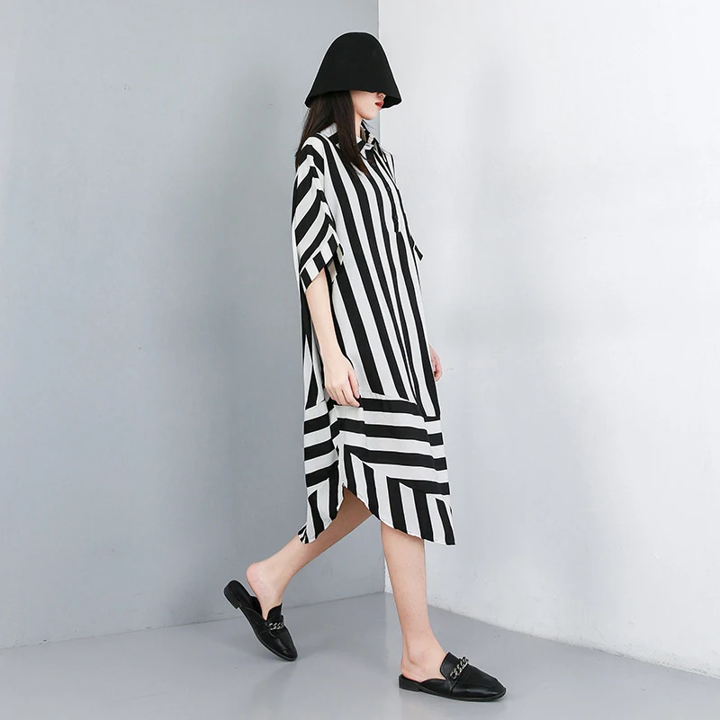 [EAM] Новинка 2021 весна лето рубашка с отворотом рукав до локтя черная в полоску