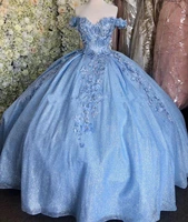 glitter tulle bahama blue quinceanera dresses ball gown off the shoulder princess corset back lace up sweet 16 year prom gowns