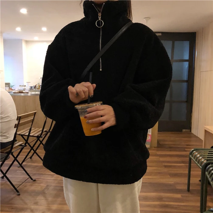 

Новинка Осень-зима 2021, бархатное плотное повседневное женское пальто на молнии, свободная Женская толстовка со шнуровкой и плюшевой овечье...