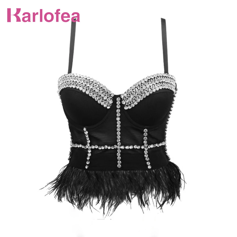 

Karlofea Women Gorgeous Crop Tops Sparking Rhinestone Diamonds Feather Celebrity Party Wear Bustier Push Up Night Club Outfits