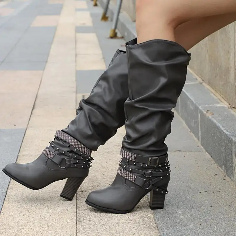 Women Knee High Boots  Low Heels Booties Plus Size Gladiator Pu Leather Knight Shoes Woman