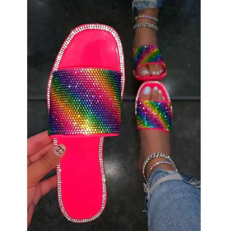 

Female Shoes Low Ladies' Slippers Multicolored Sandals Big Size Glitter Slides 2021 Summer Jelly Fabric PU Basic Rubber Hoof Hee