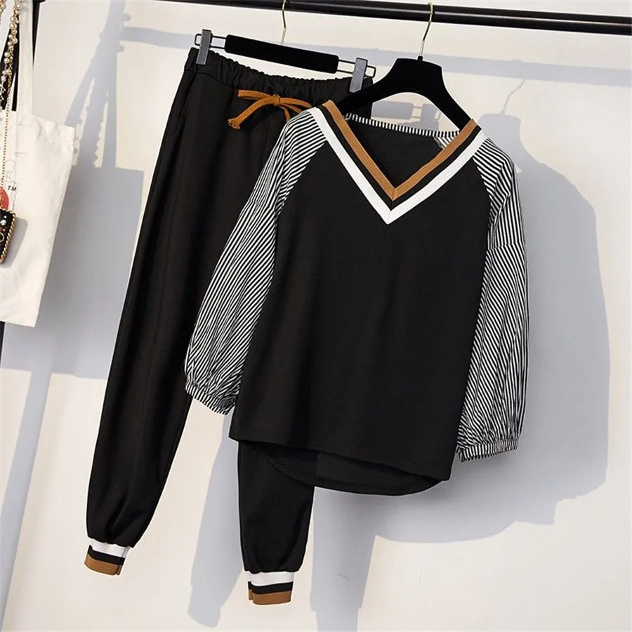 

2019 Women two piece set Spring long sleeve t shirt+ long pants casual women tracksuit set 5XL
