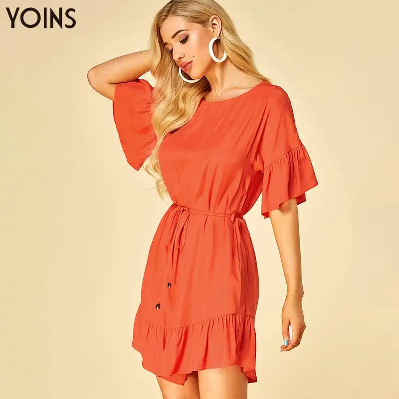 YOINS/2019 летнее и осеннее женское платье модное оранжевое на шнуровке с круглым