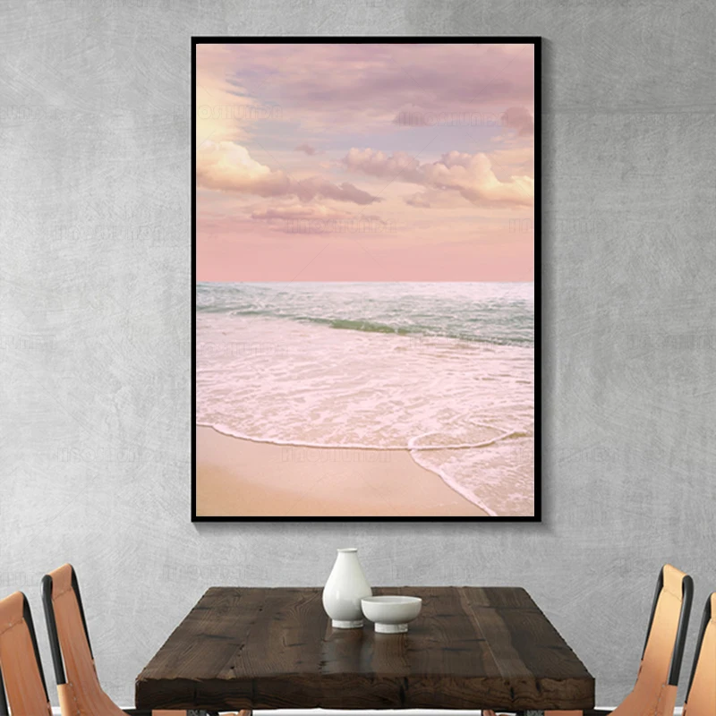Розовые пастельные облака Пляж пейзаж Фотография плакат океанская волна Бохо
