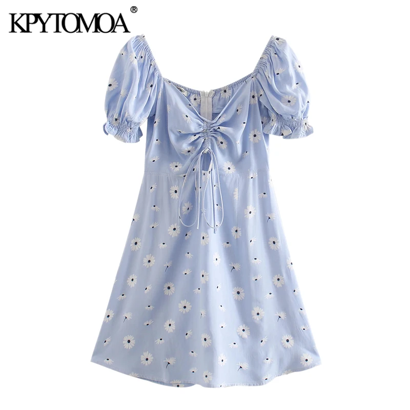 Мини платье KPYTOMOA женское с цветочным принтом милое модное винтажное на шнуровке