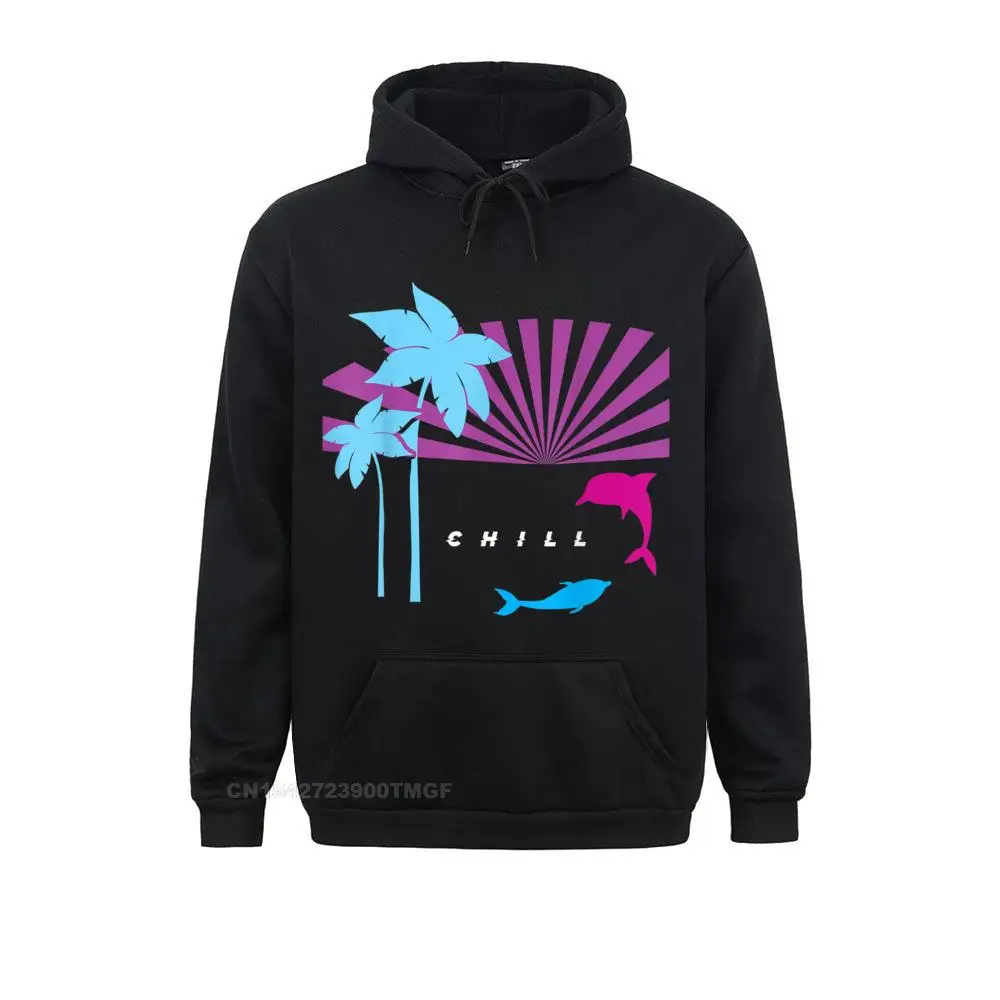 Long Sleeve Hoodies Men's Vaporwave Retro CHILL Vibes Dolphin Sunset Palm Tree Dolphin Hoodie Design Clothes Slim Fit