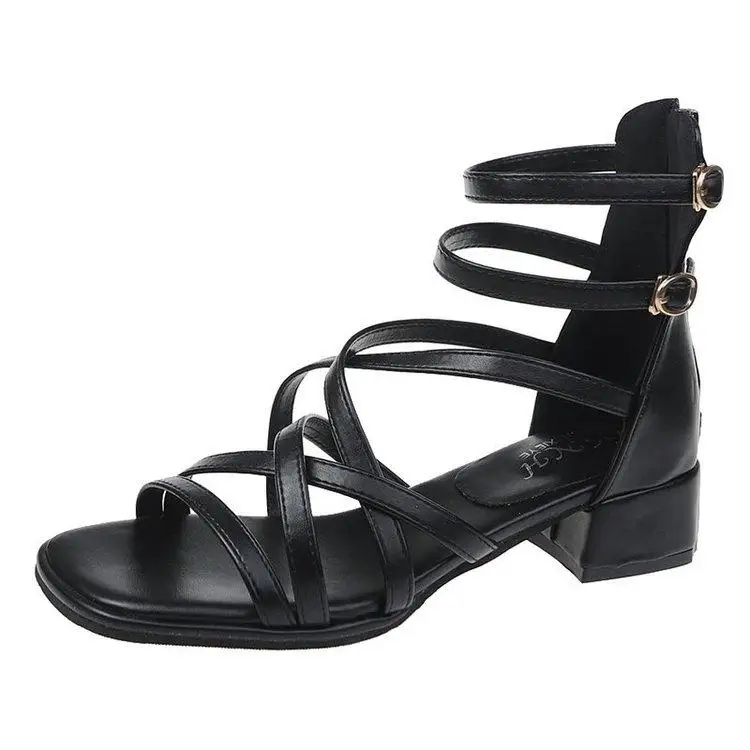 

2021 Summer Open Toe Roman Sandals All-Match Block Heels Clear Shoes Cross Suit Female Beige Cross-Shoes Peep Gladiator Chunky F